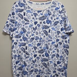 Kim Rogers Ladies Size XXL Flamingo Tropical Shirt Blue White
